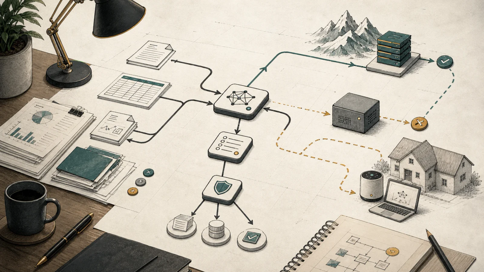 Editorial ink illustration of a resilient AI workflow map connecting finance documents, a central routing model, cloud compute, local private compute, and home edge devices with fallback paths.