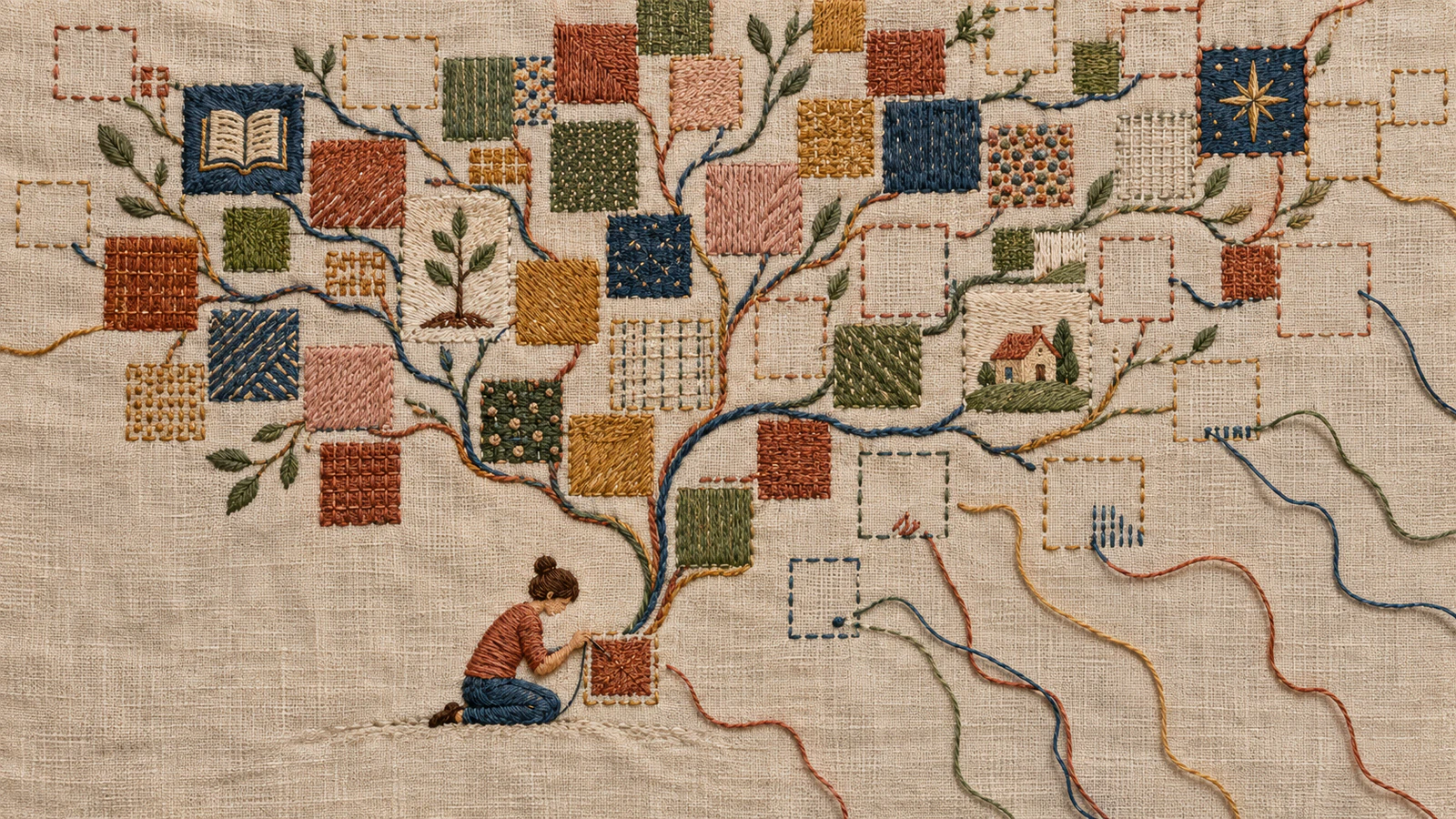 Embroidered textile illustration on natural linen of a small figure stitching one patch beneath branching threads and many finished and unfinished squares.