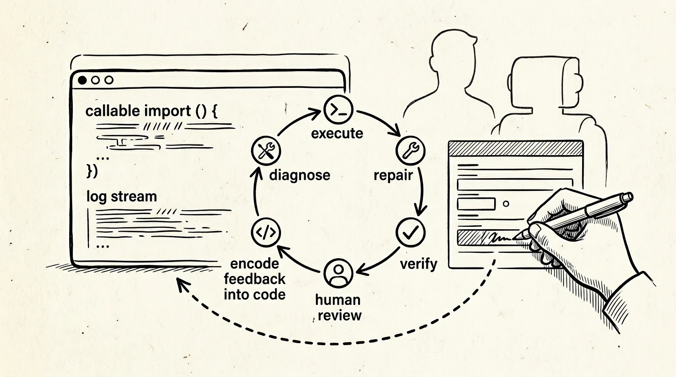 Ink line drawing on cream paper of a code terminal, a human and agent workflow loop, and a hand correcting a form that feeds back into code.