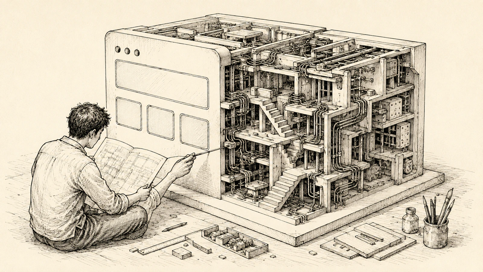 Black ink illustration on cream paper of a builder studying plans beside an app-shaped model, with its cutaway revealing connected rooms, stairs, and pipes.