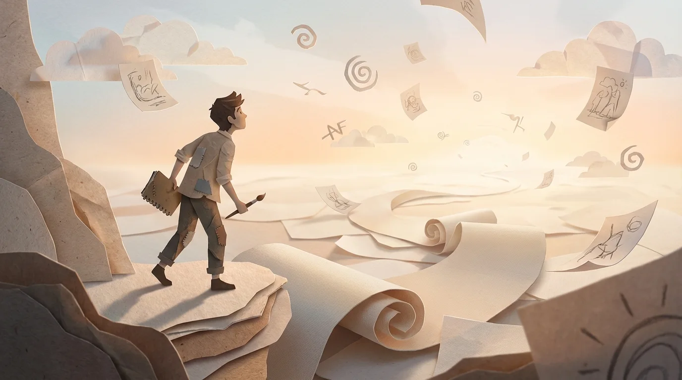 Paper-cut collage illustration of an artist looking for inspiration in an infinite canvas world.