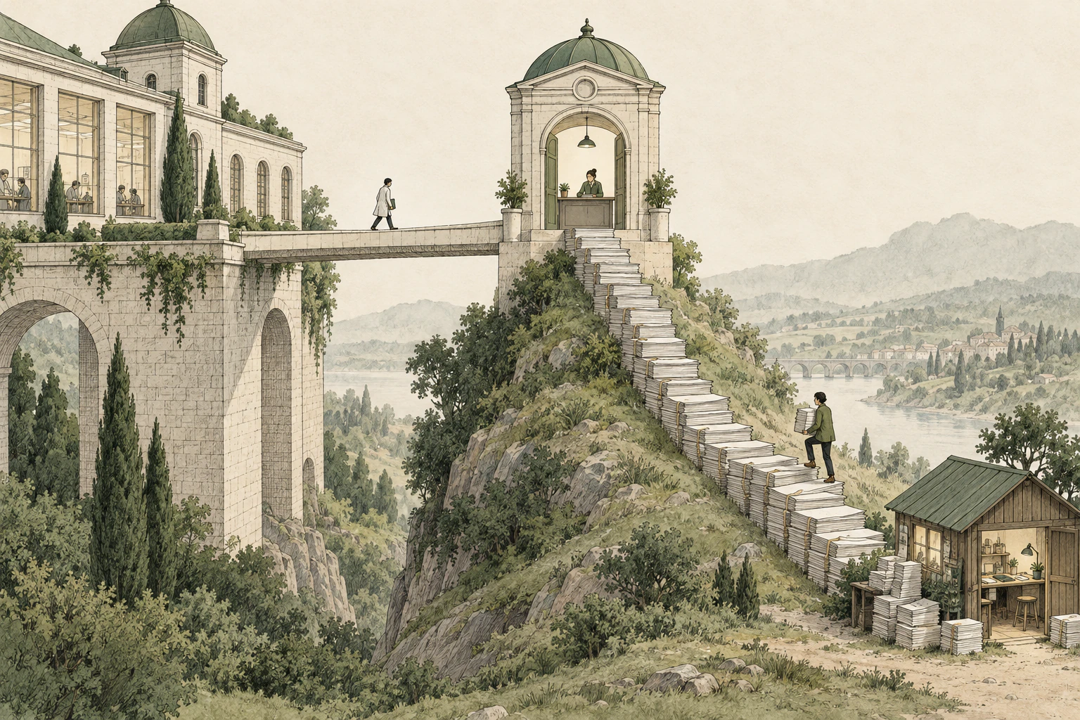 Ink-and-watercolor illustration of a small lab climbing a staircase made of paperwork while an established lab has a level walkway to the same inspection checkpoint.