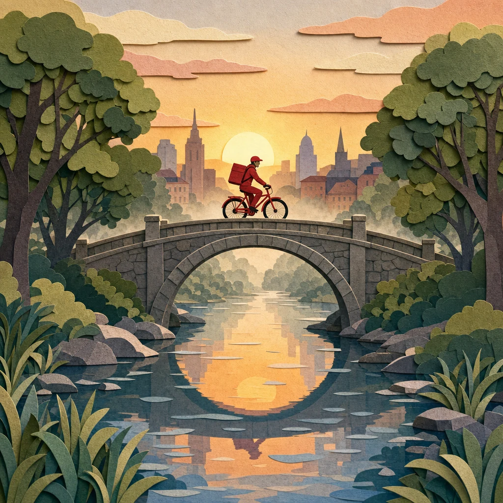 GPT Image 2 paper-cut illustration of a red bicycle courier on an arched stone bridge, framed by layered paper trees at sunrise.