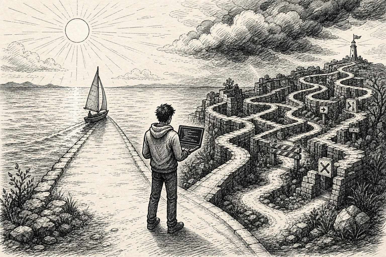 Ink line drawing on cream paper of a developer choosing between a calm sailing path and tangled alleys, with abstract code on a laptop.